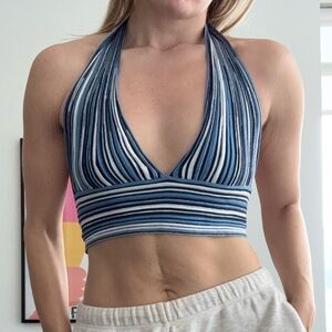 Garage Striped Blue Halter Crop Top